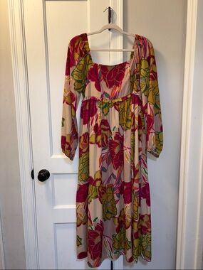 Beige Floral Long-Sleeve Midi Dress with Magenta & Yellow Print